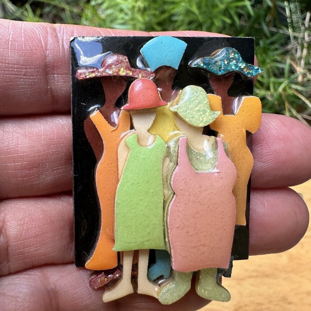 VTG Woman Pins by Lucinda 1.75 Inch Ladies Multicolor Dresses Hats Party Friends